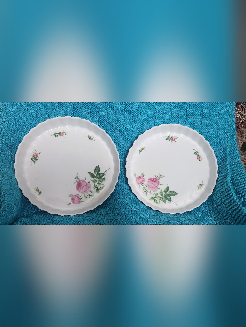 Vintage Christineholm White Porcelain Rose 9.5" Pie Plates-Pink Rose Pattern
